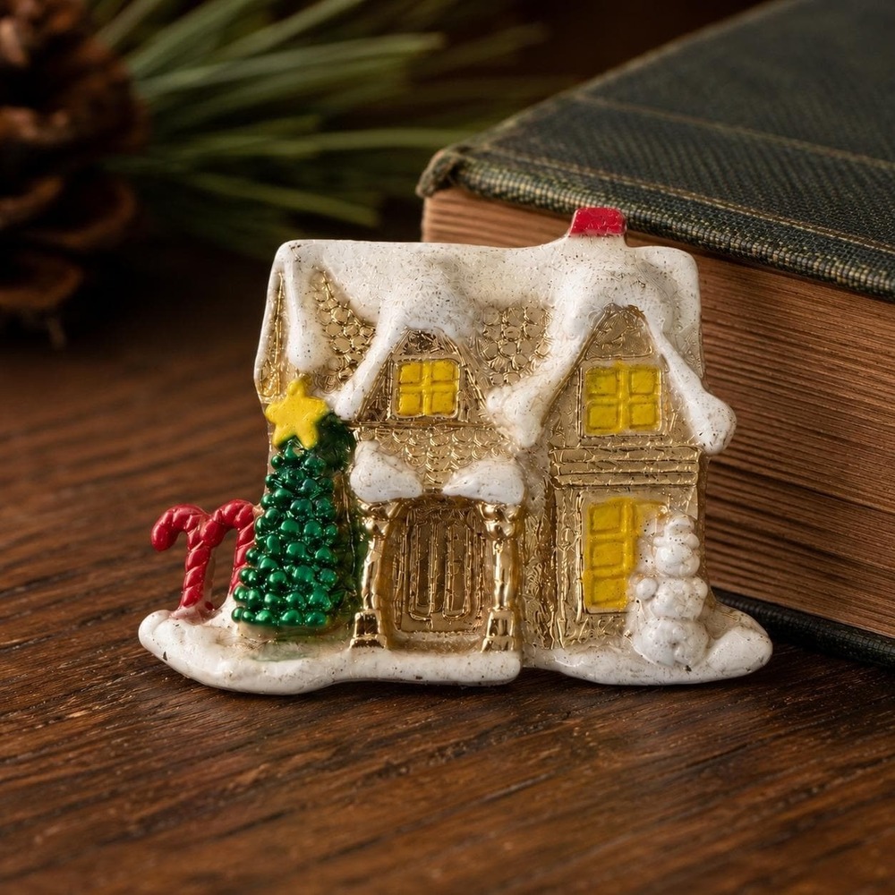 Vintage AJC Signed Musical Christmas Cottage House Brooch Gold Tone Holiday Pin